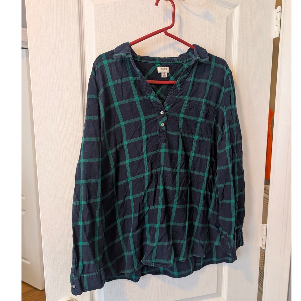 J.Crew Womens XL Flannel Shirt Navy Green Plaid Popover Henley Long Sleeve Top